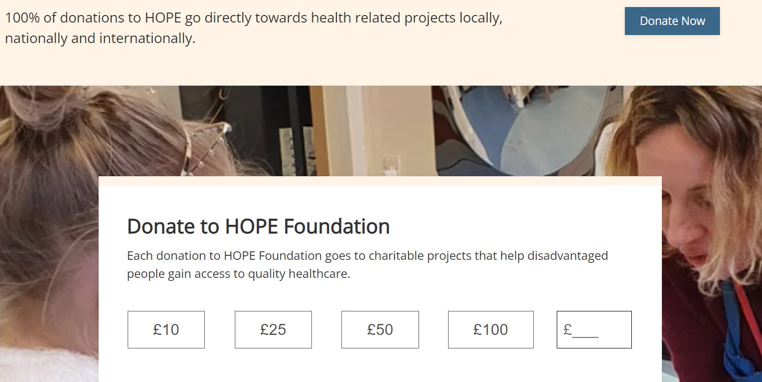 Image of the HOPE website with a focus on call to actions