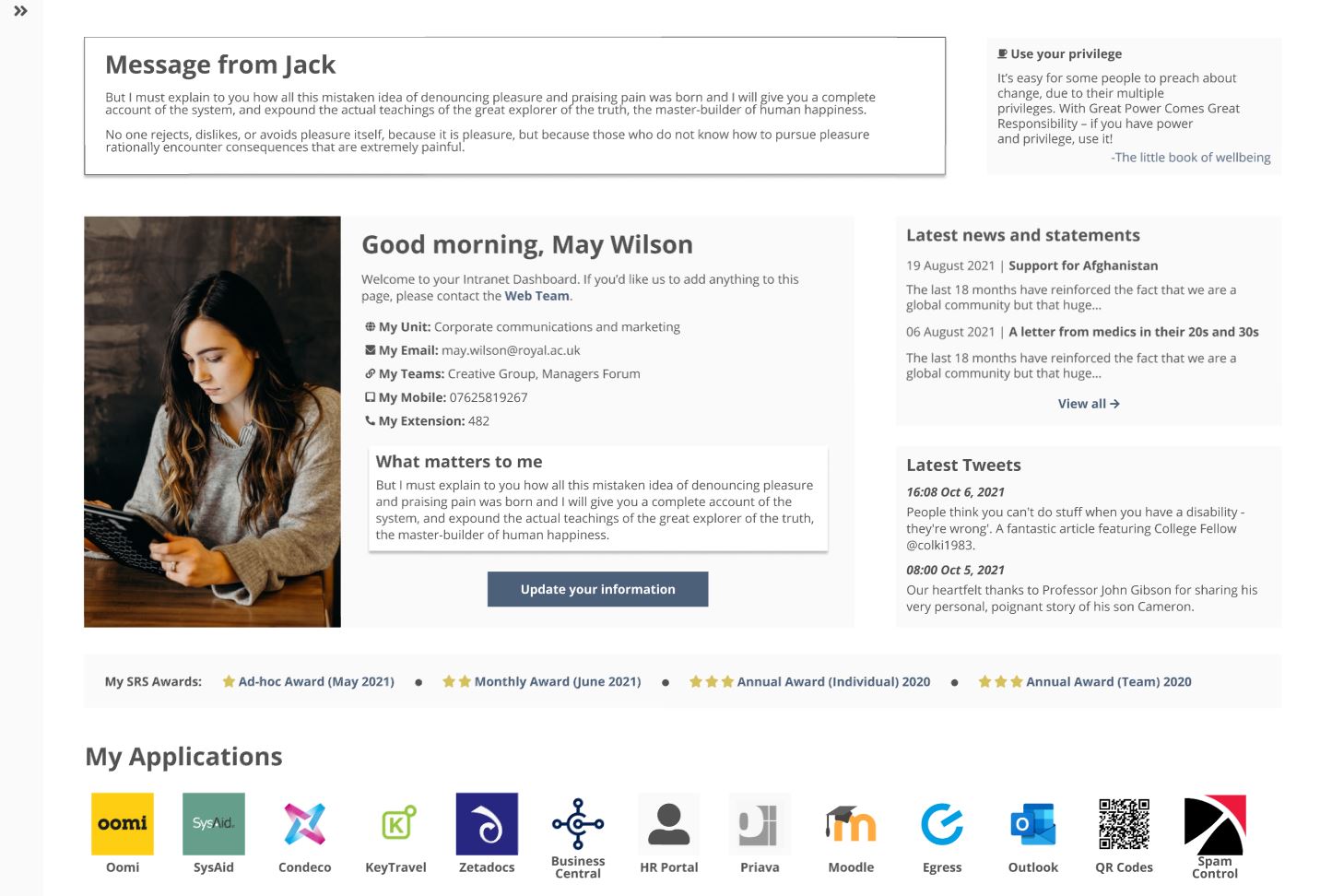 Image of the Intranet with the new profile section
